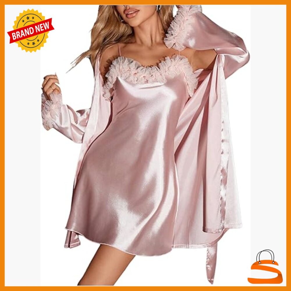 Large Satin Chemise & Kimono Pajama Set With Mesh Floral Trim